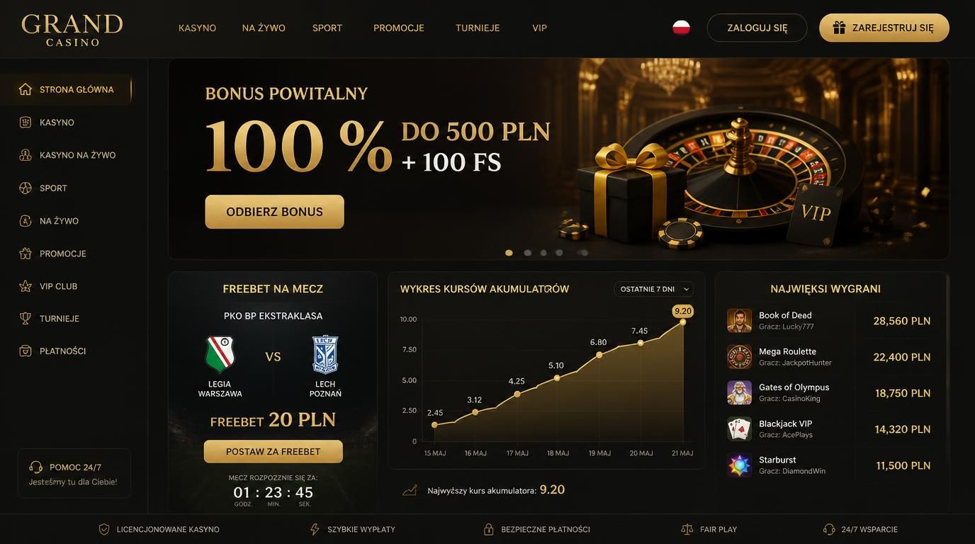 Ekran promocji Grand Casino z freebetem i kursem akumulatorowym