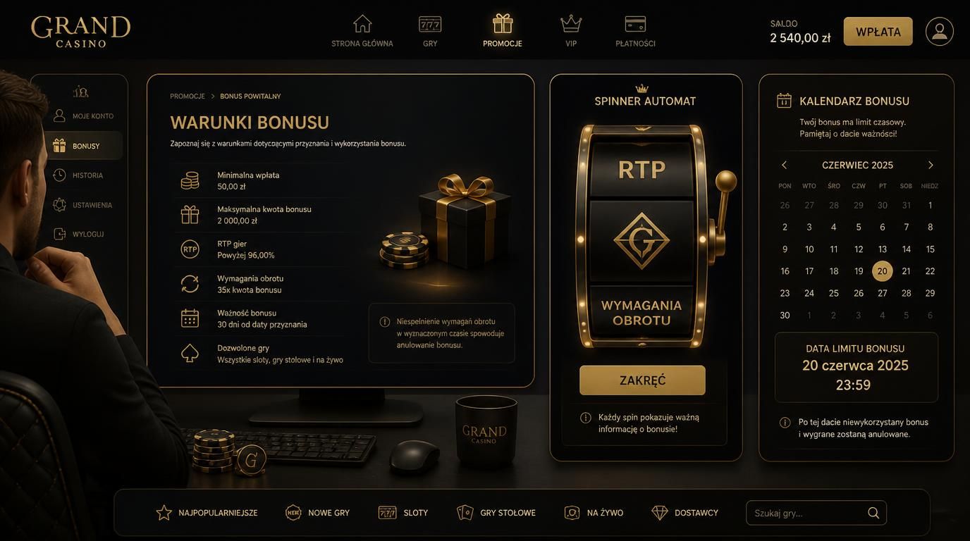 Gracz ogląda warunki bonusu, RTP i obroty bonusowe na ekranie komputera