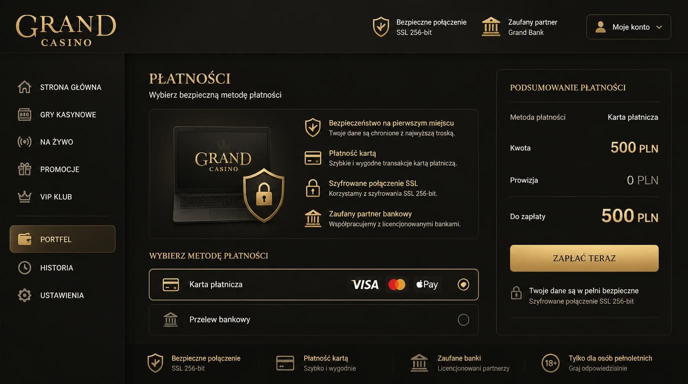 interfejs płatności z ikoną tarczy i kartą, napis Bezpieczne depozyty SSL