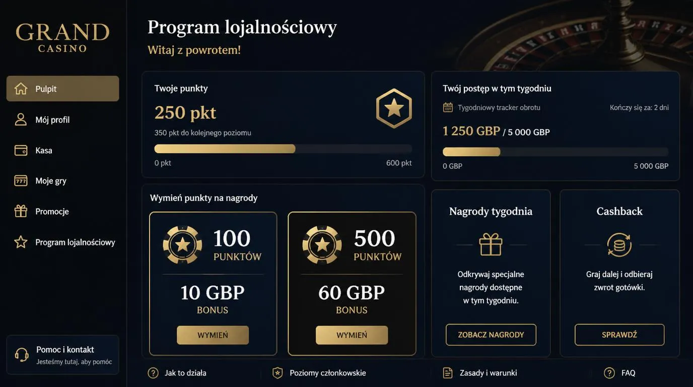 Ekran programu lojalnościowego z punktami, progami bonusów i kafelkami promocji tygodniowych